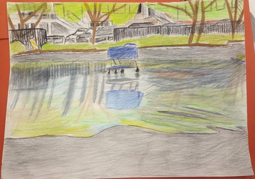 Drawing of a shopping cart and its reflection in a puddle